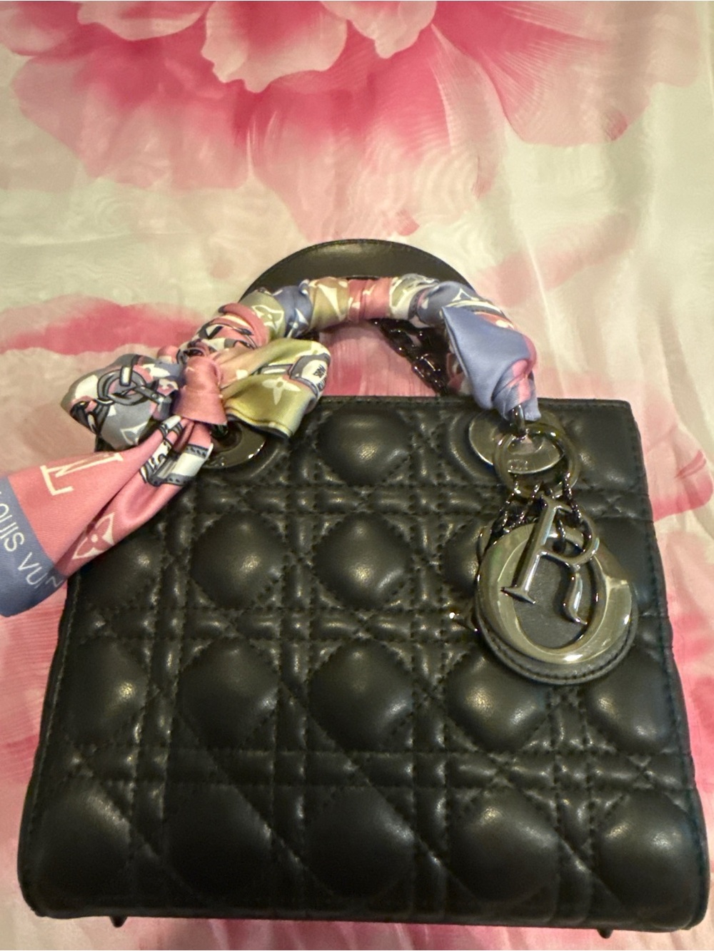Classic Black Quilted Women's Top-Handle Bag with Scarf Accent